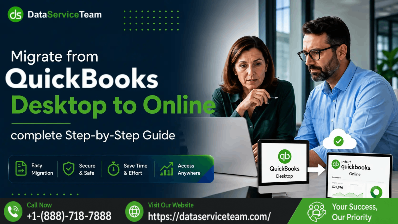 QuickBooks Desktop to Online migration expert guide showing company-file preparation, migration troubleshooting, payroll verification, and financial report comparison.