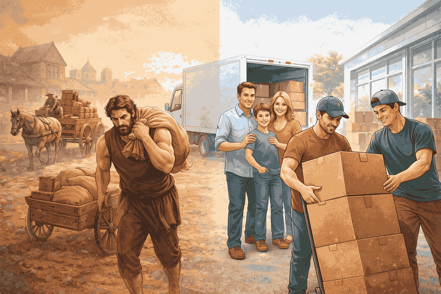 Илюстрация, показваща развитието на хамалските услуги от ръчно пренасяне с каруци до съвременно организирано преместване с камион и екип